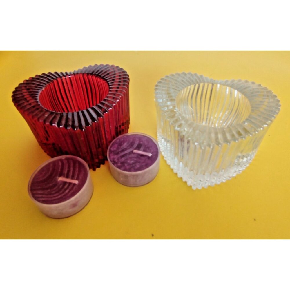 Indiana Glass Heart Shaped Votive Candle Holders Ruby & Clear